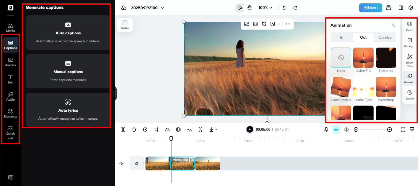 Opções inteligentes de edição no Pippit
