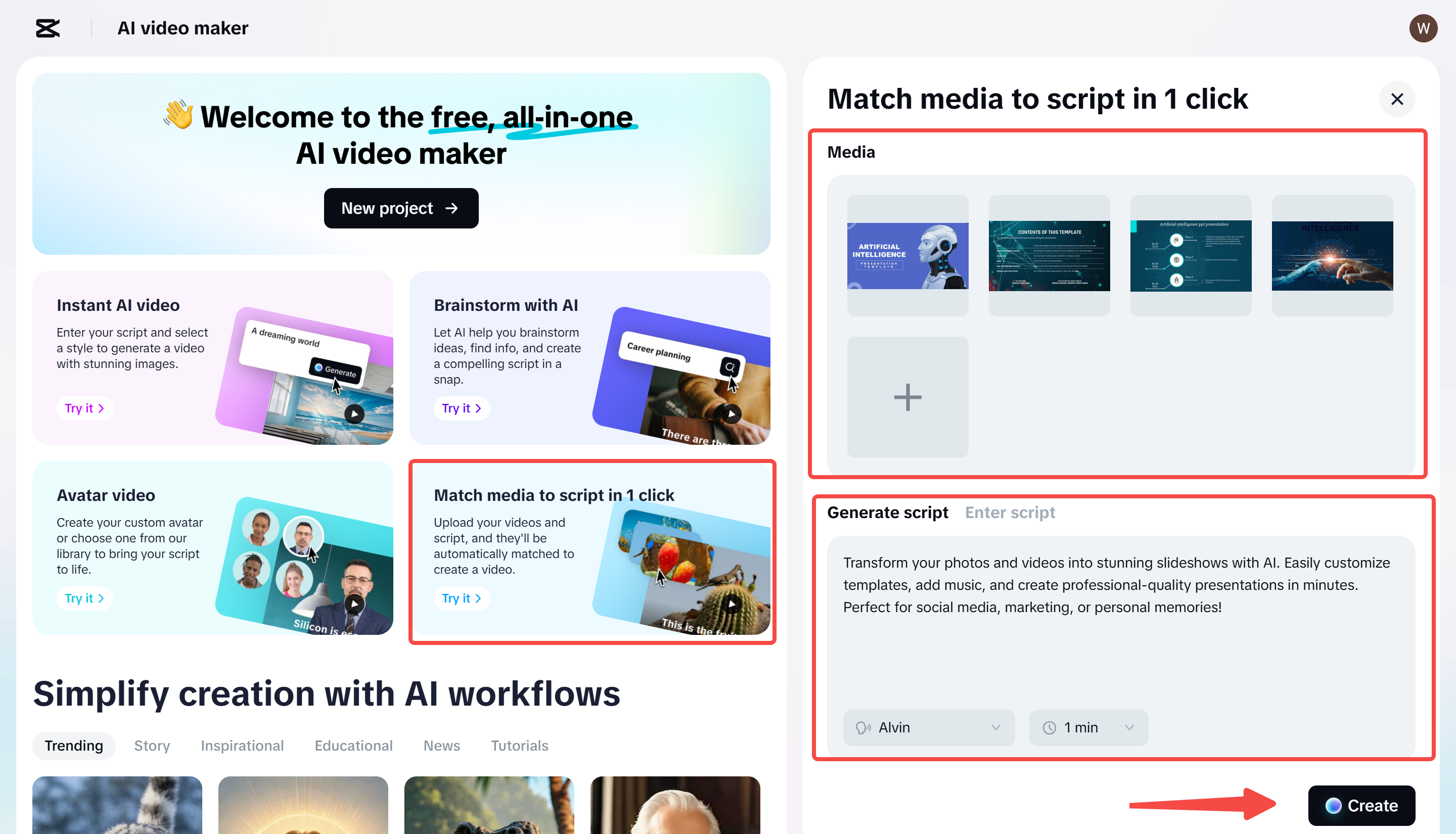 Generating your script and video in CapCut's AI video maker tool