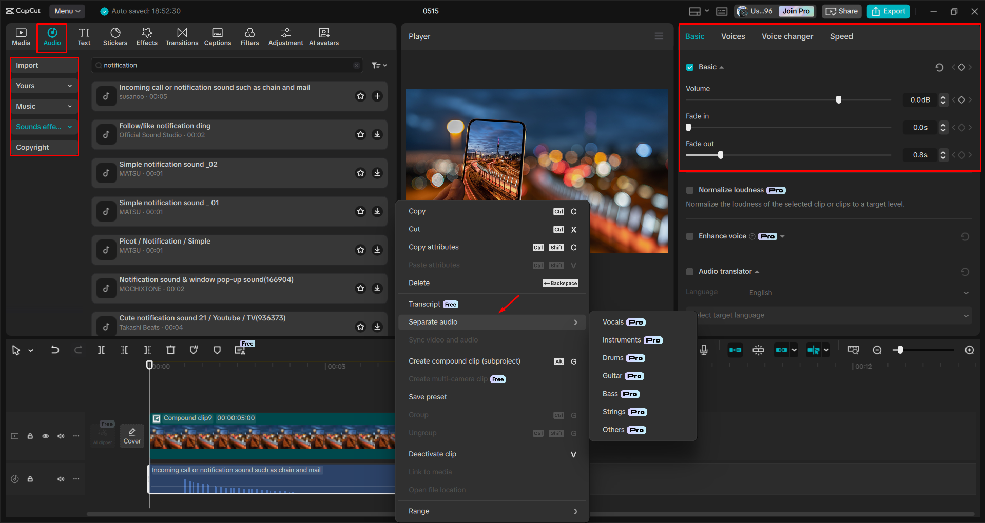 Adding and adjusting notification sound effects in a video with the CapCut desktop video editor