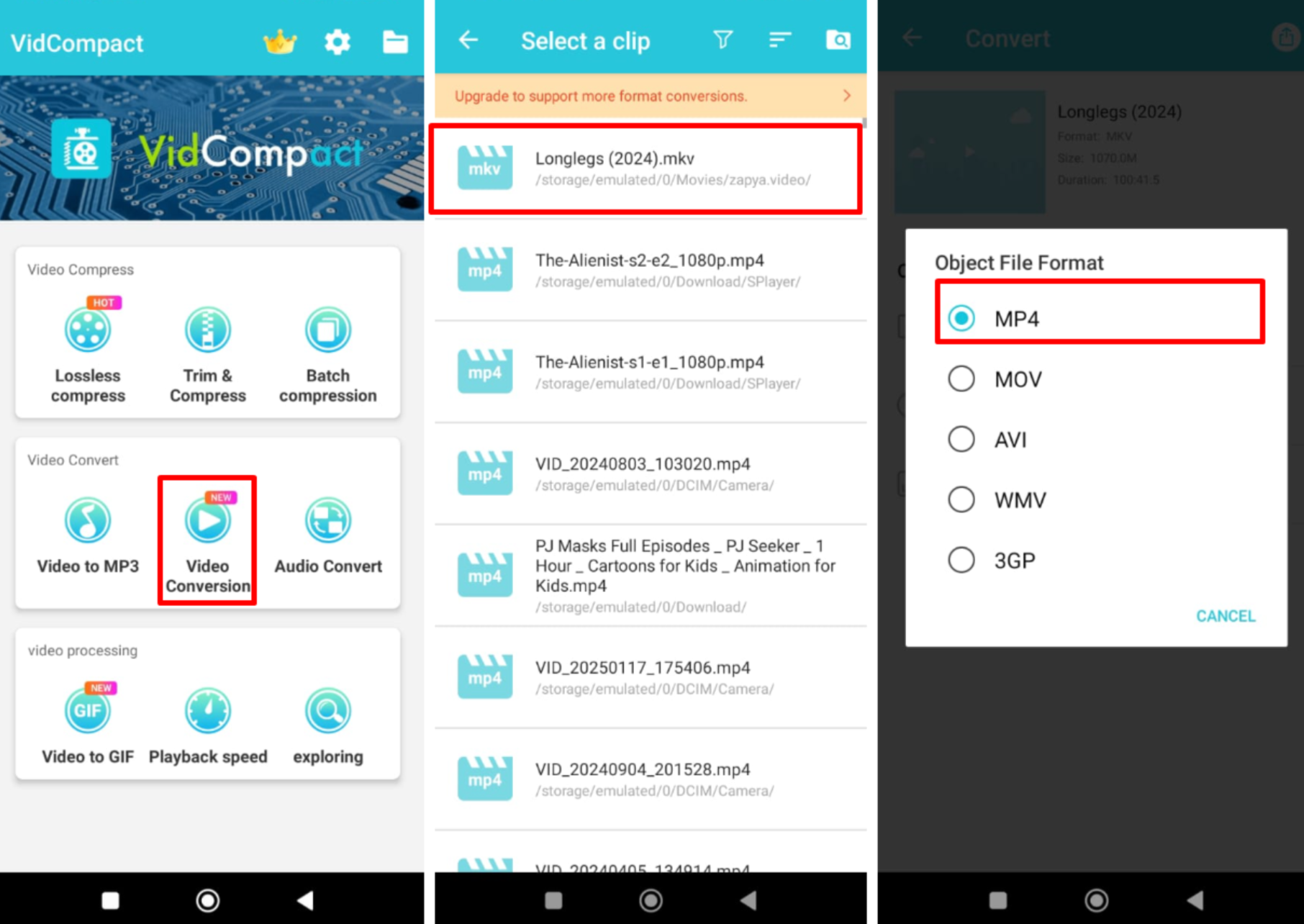 Image showing how to change the video format to MP4 using VidCompact