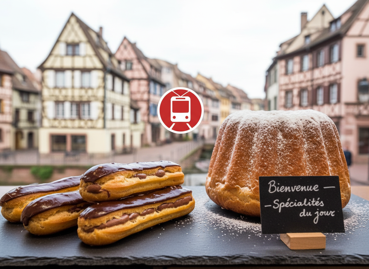 Close-up kougelhopf and chocolate éclairs; background shows Petite France timber-framed houses and a generic tram icon; French sign 'Bienvenue — Spécialités du jour'.