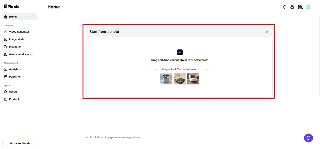 Uploading product photo in Pippit