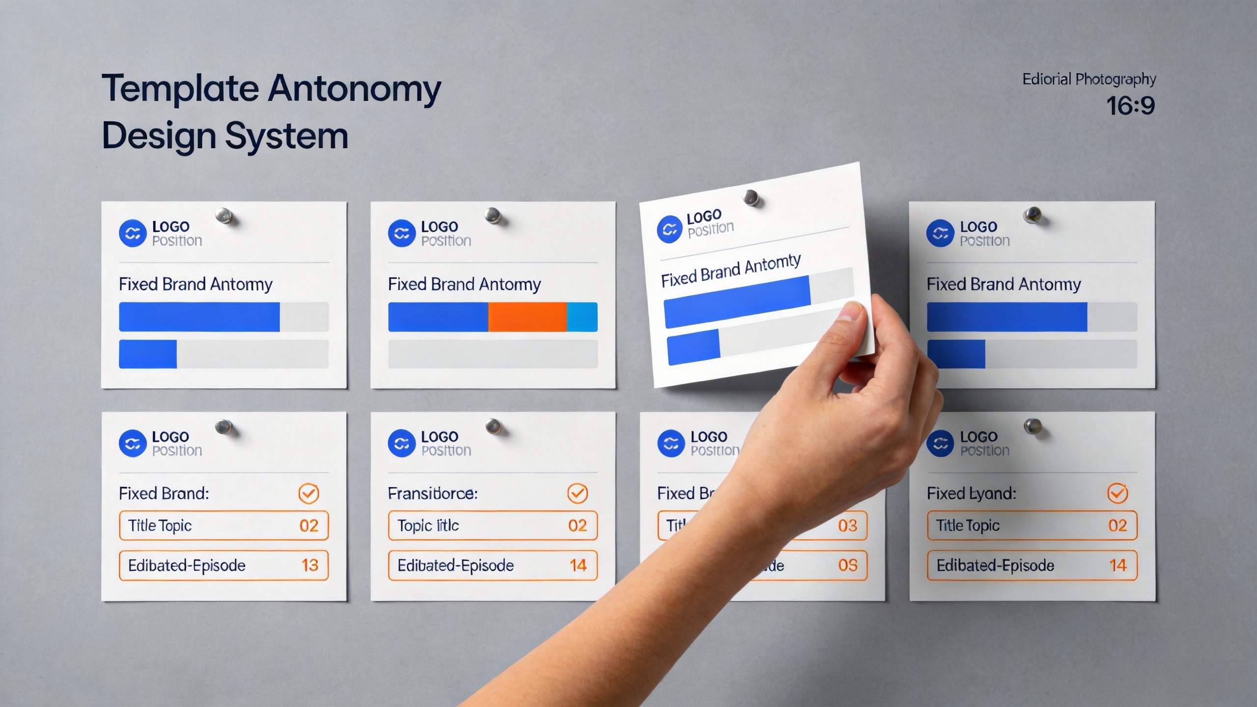 Hand pinning a card on a wall of reusable branding template cards