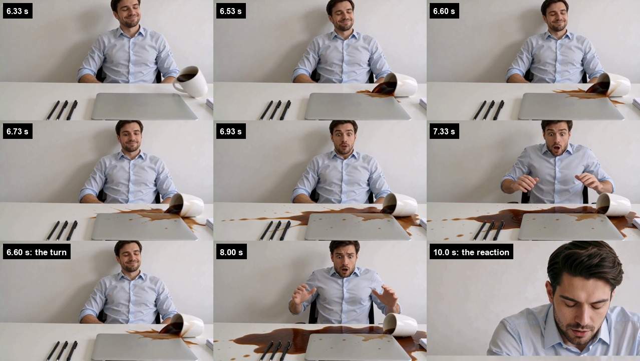 Six frames from around the turn at 0.03-second intervals showing the mug tipping and coffee reaching the desk, and below, three frames at 6.60, 8.00 and 10.0 seconds.