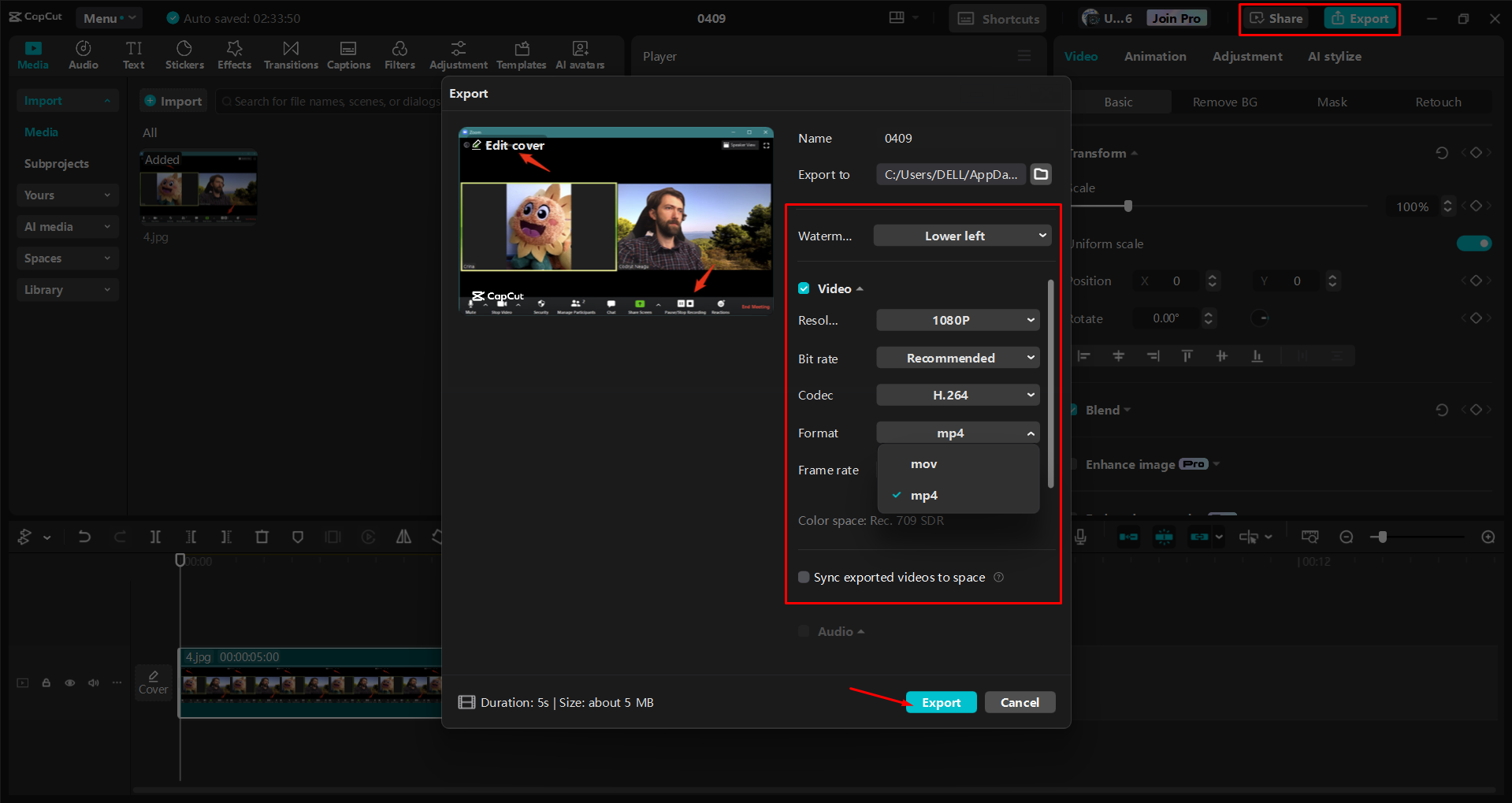 デスクトップビデオエディタCapCutからビデオをエクスポートする