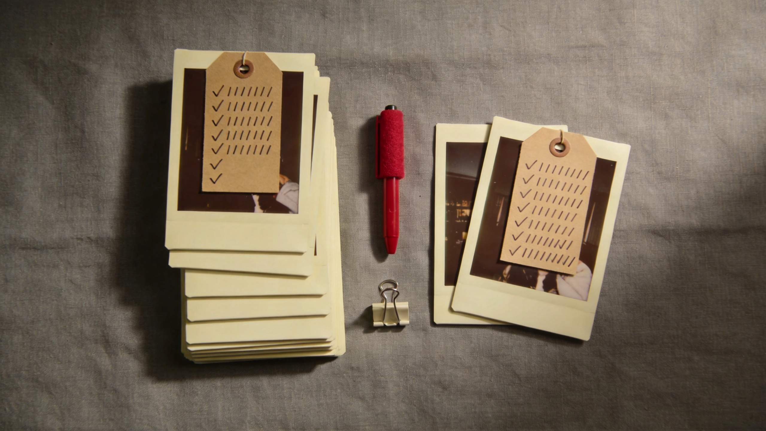 Stacks of instant photos with checklist tags, a red pen, and a small binder clip on a gray surface