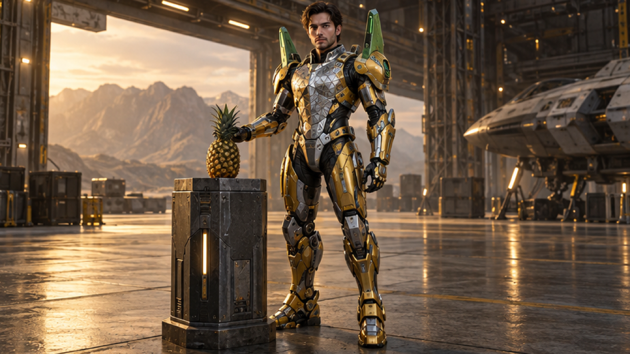 16:9 premium cinematic full-body original adult human mecha warrior with uncovered recognizable face, human proportions, golden yellow and brushed titanium engineered hard-surface suit with diamond-patterned hard-surface chest plates, green antenna-like shoulder fins, and exposed hydraulic elbow joints; one hand near intact pineapple on a waist-high pedestal; empty industrial hangar in warm late-afternoon light; grounded science-fiction design, no giant robot or text.