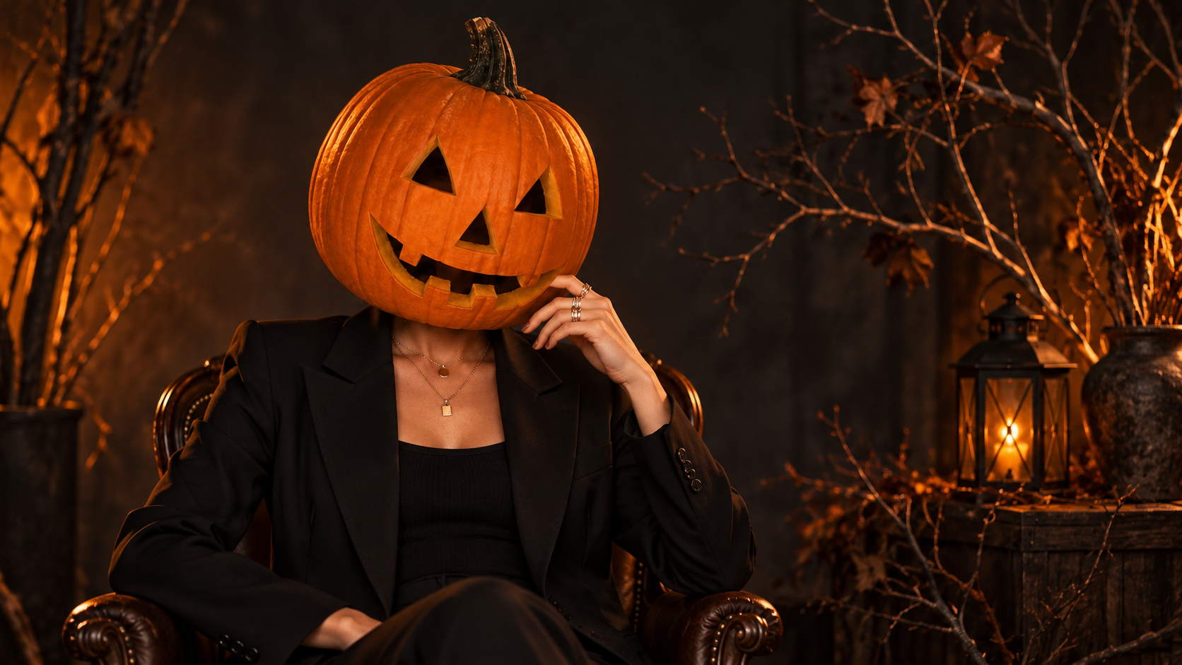 Fotografie AI de cap de dovleac de Halloween: portret întunecat de dovleac de studio