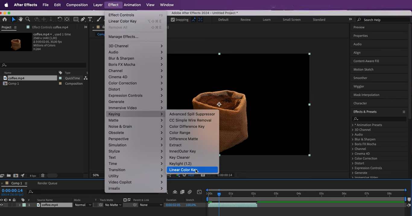 Apply Linear Color Key effect