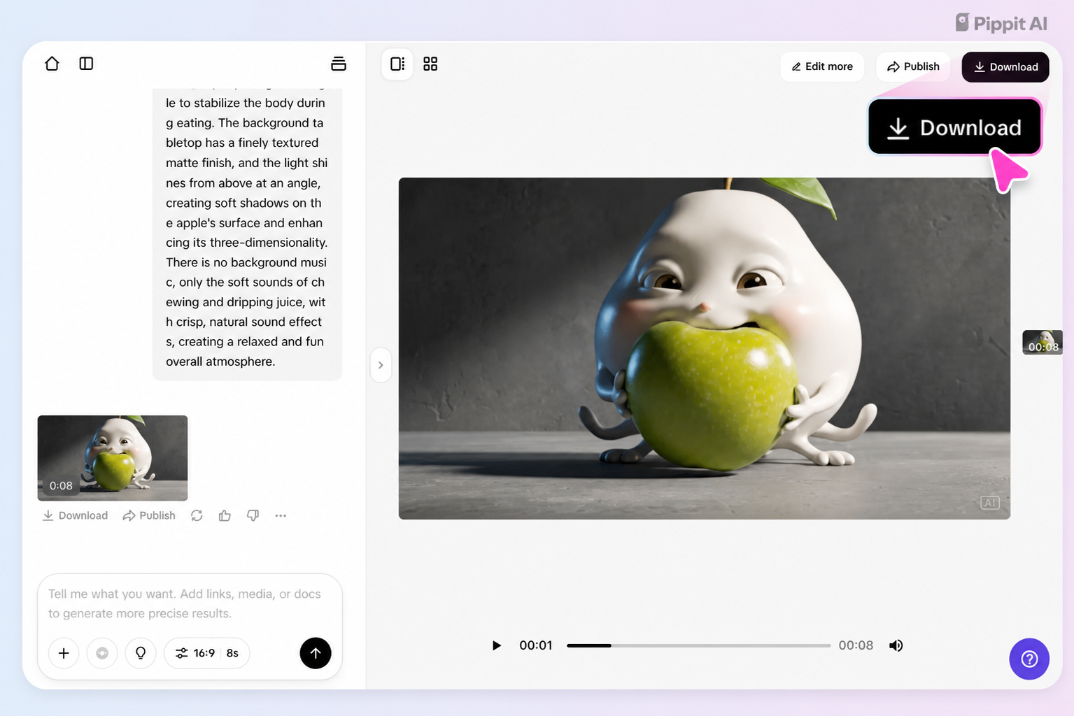 CapCut editor with a short AI video preview of a white character biting a green apple and a Download button highlighted