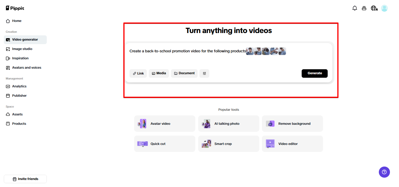 Adding prompt in Pippit video generator