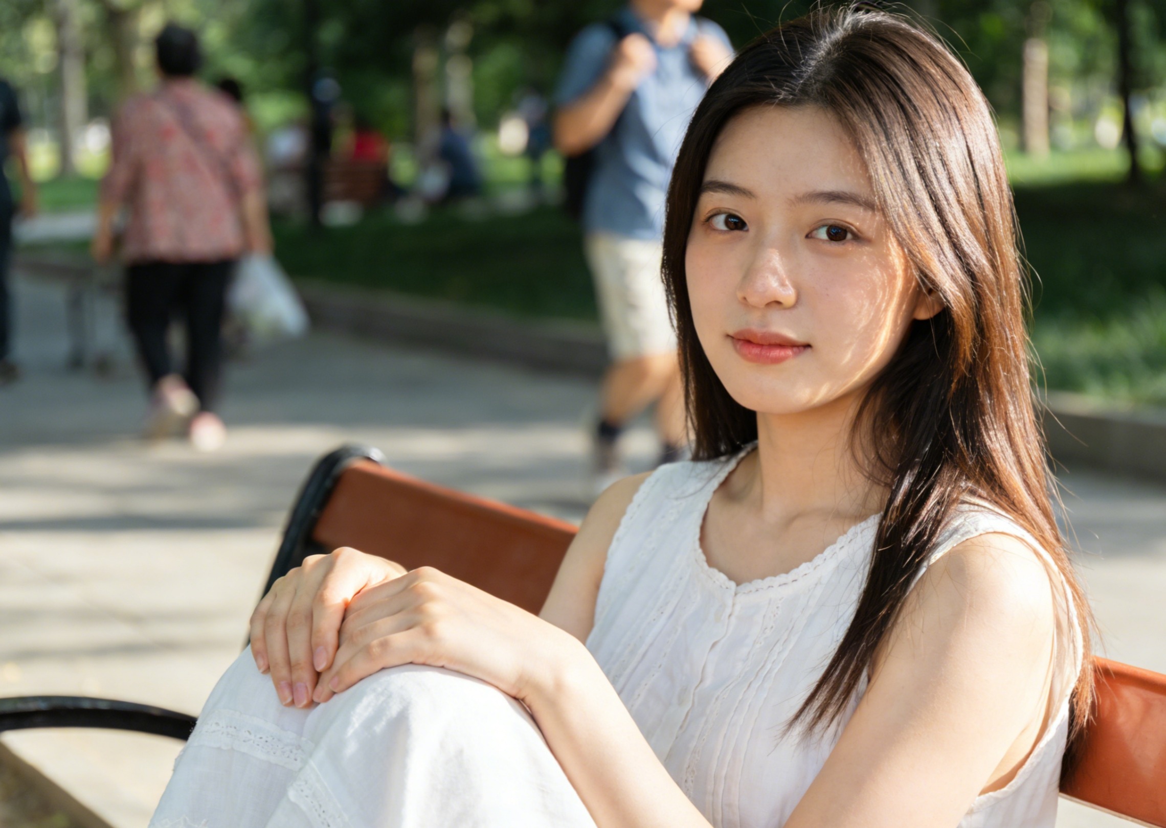 Retire a las personas que caminan en el fondo de esta escena del parque.