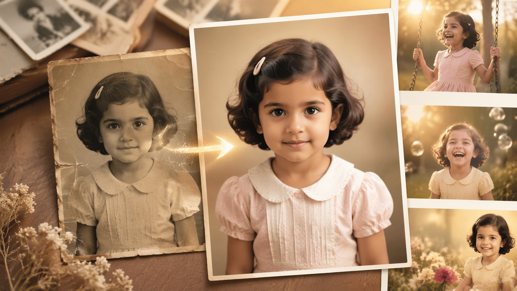 Dreamina ancienne photo vers nouvelle photo invite IA exemple 5 : renaissance de la photo d'enfance