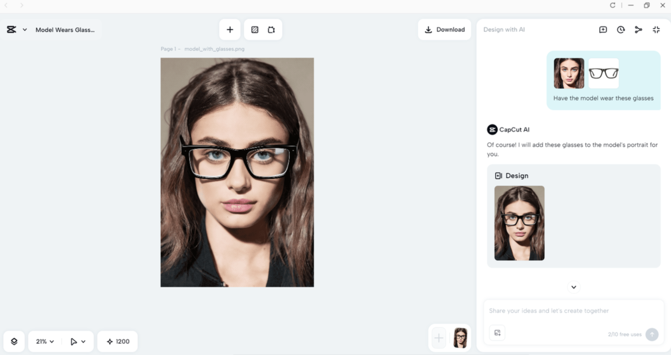 Interface of the CapCut desktop video editor - an AI tool for AI glasses try-on