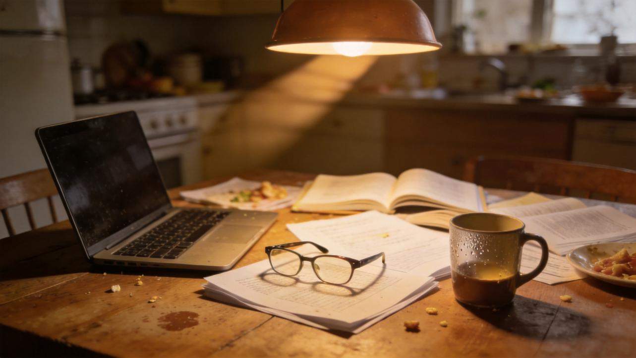 Laptop, open books, glasses, and coffee mug on a study table under a hanging lamp