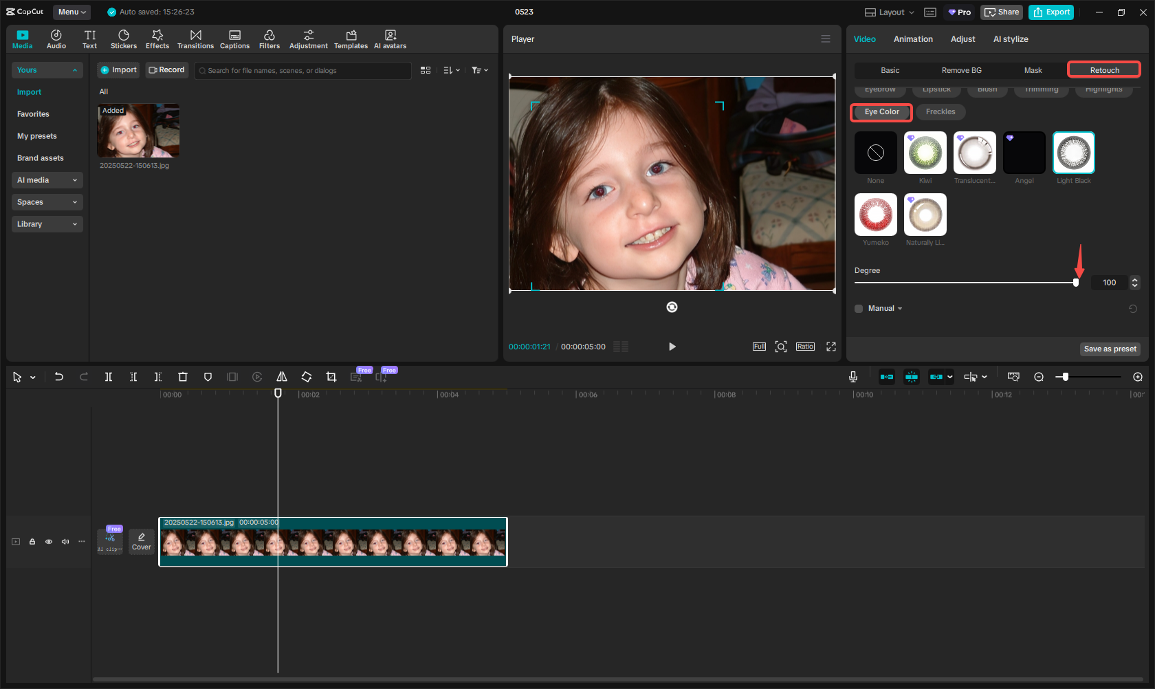 Change the eye color in CapCut