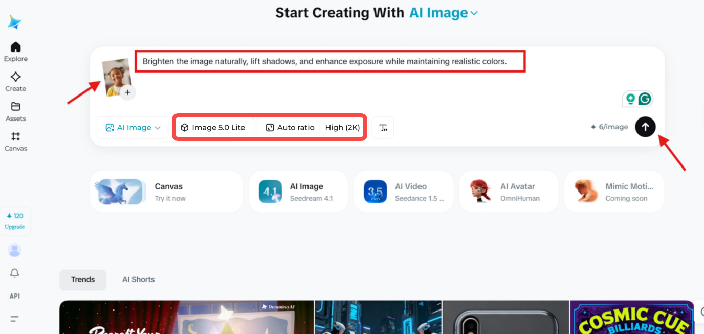 Abra la interfaz de edición de Dreamina para aumentar el brillo de la imagen