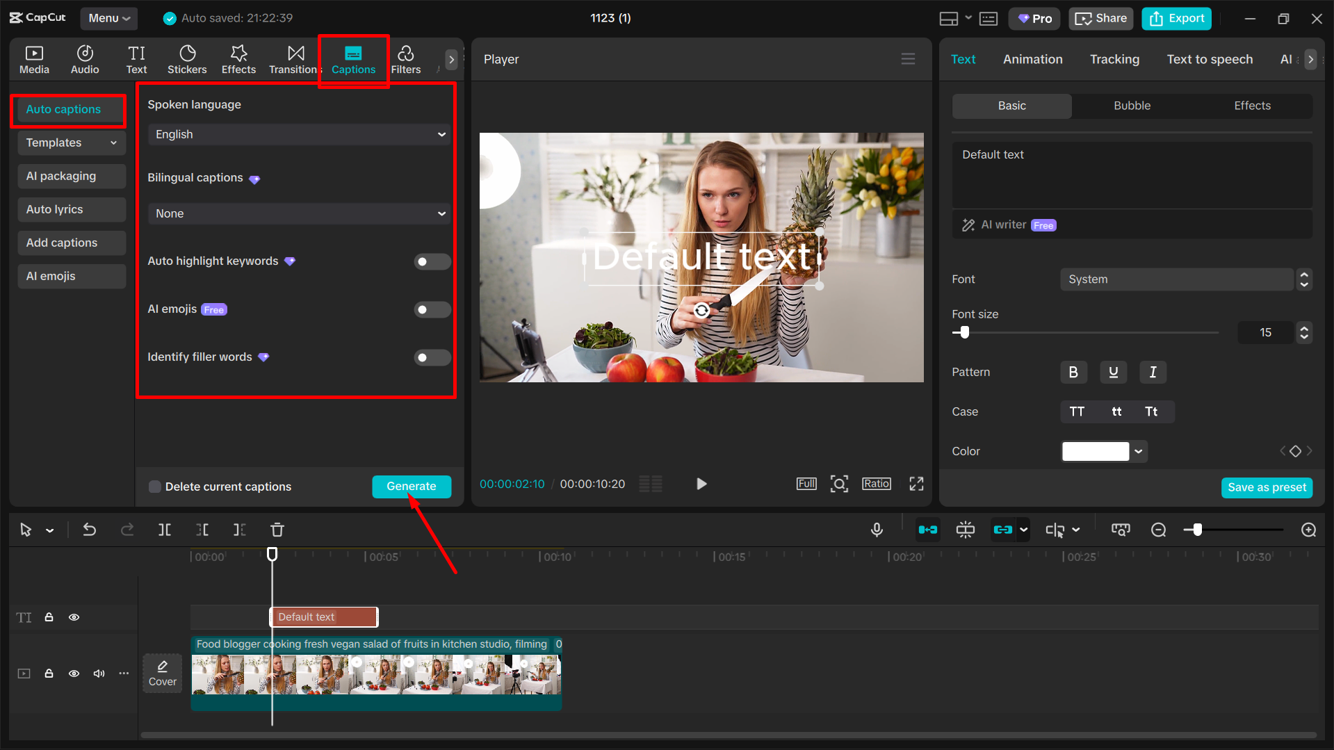 Generate auto captions for the video using the CapCut