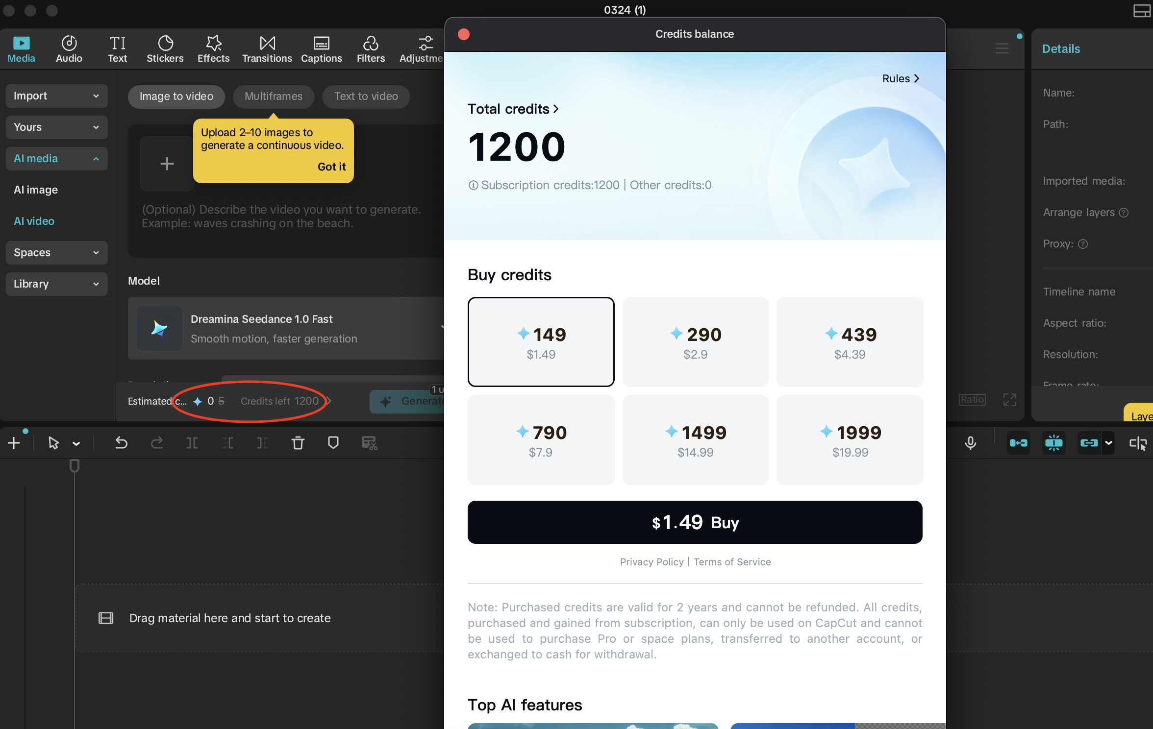 Purchase credits on CapCut Desktop