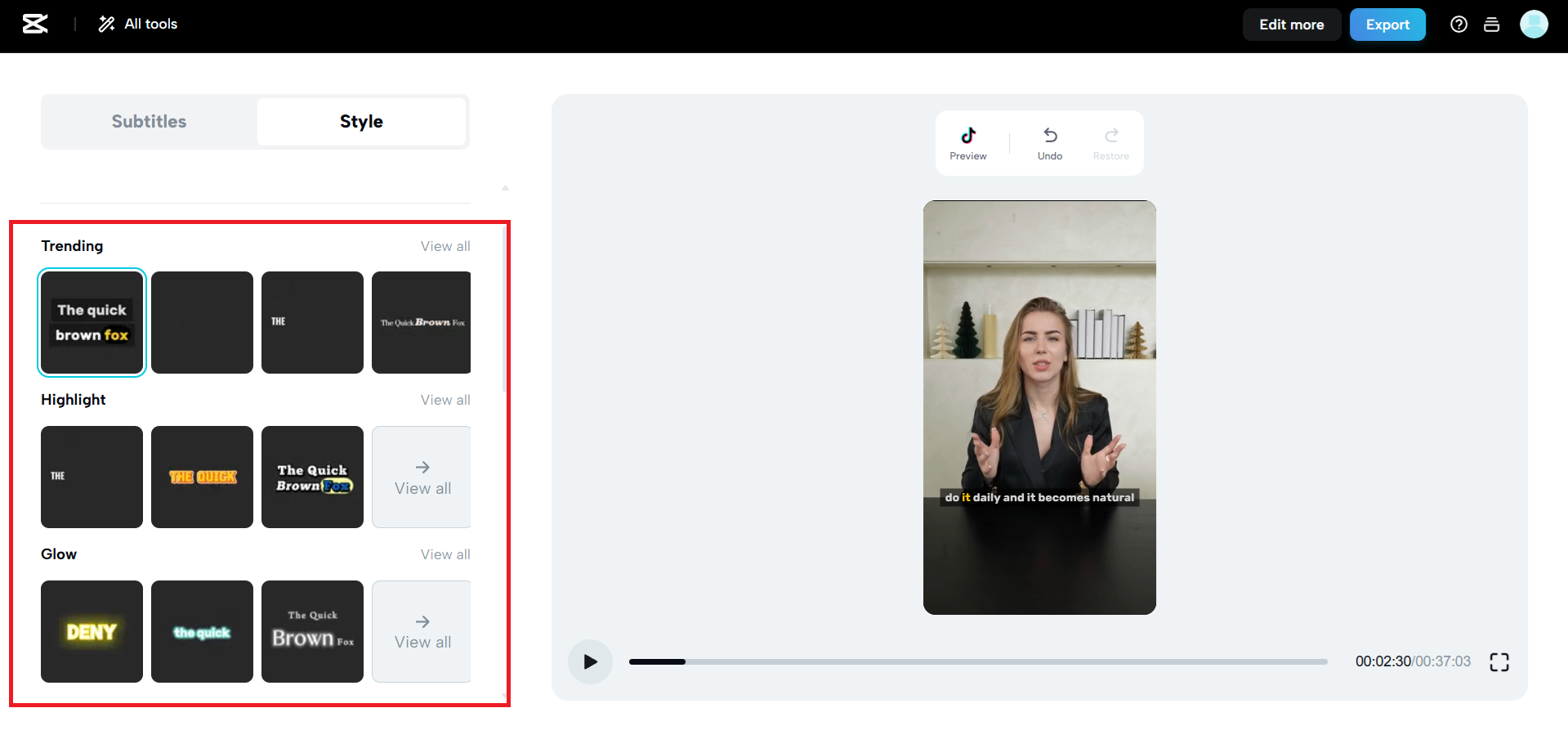 Diverse subtitle presets