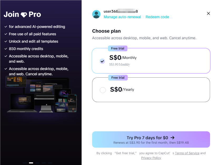 Join the CapCut Pro free trial online