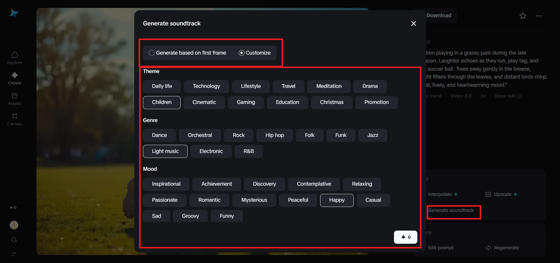 Generate soundtrack feature in Dreamina