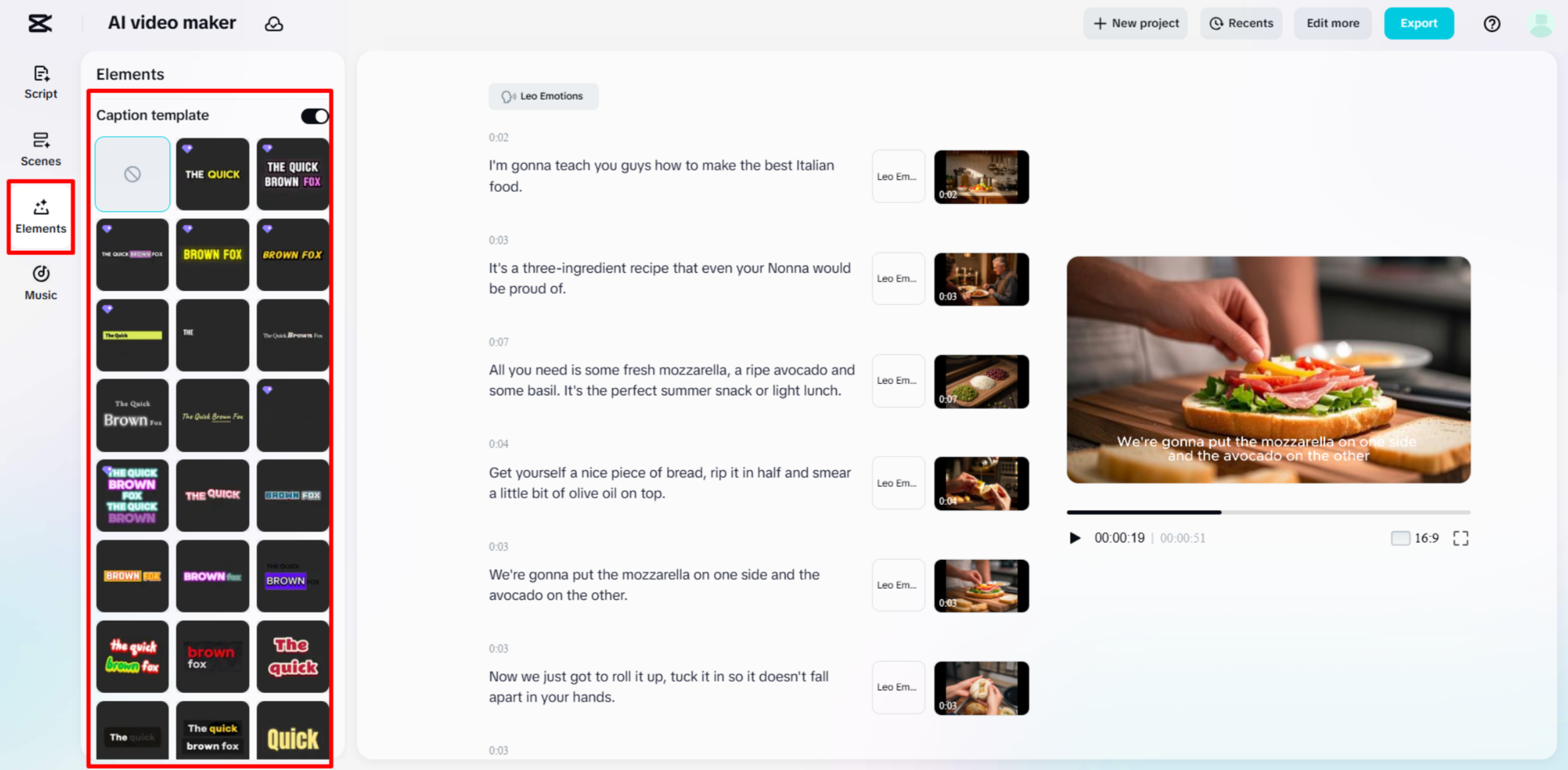 Adding a favourite caption template to a food video in CapCut's AI video maker