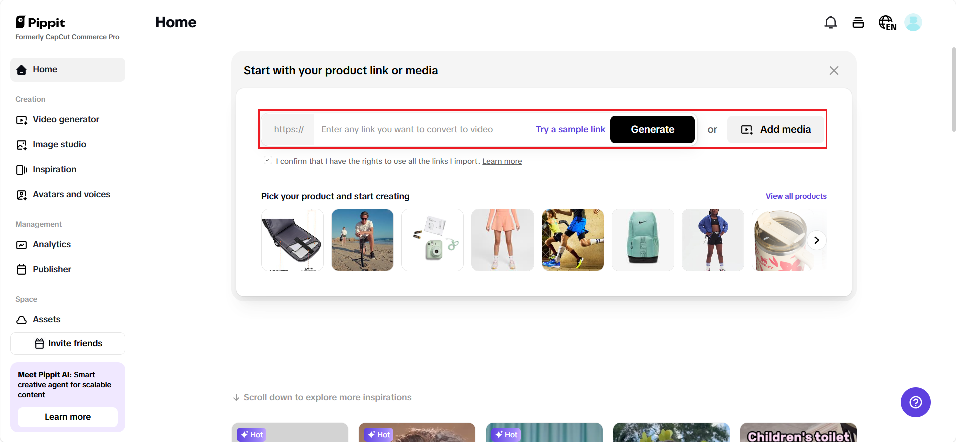 Upload product links or media