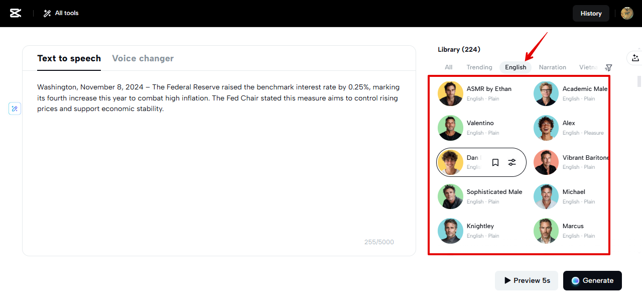 British voice speakers in CapCut Web