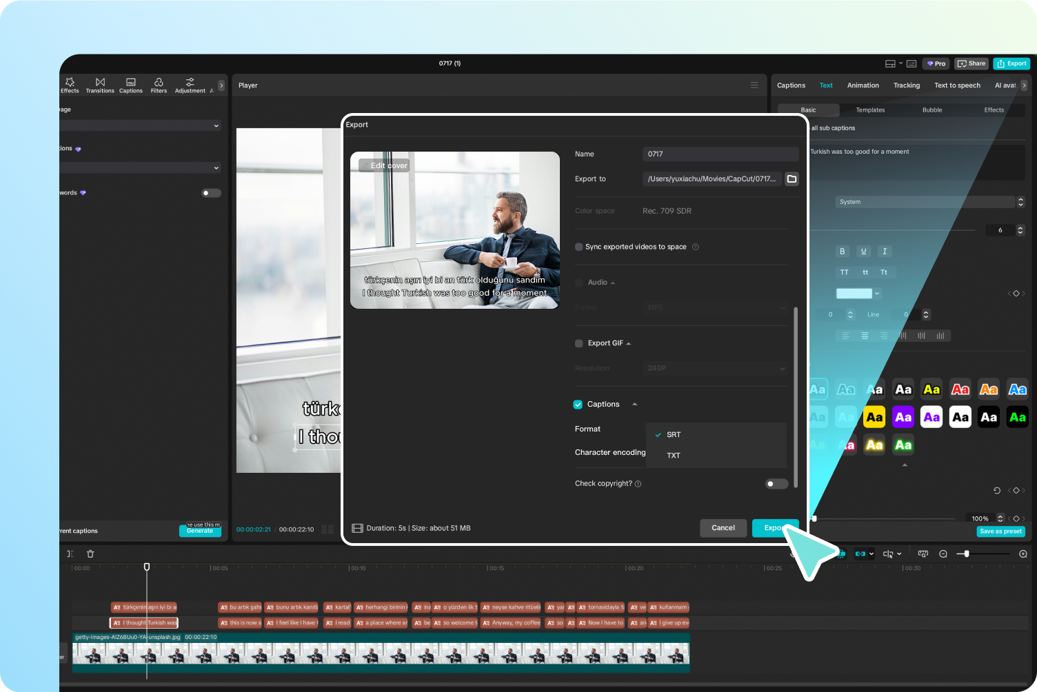 Edit and export your Turkish to English subtitles for various uses