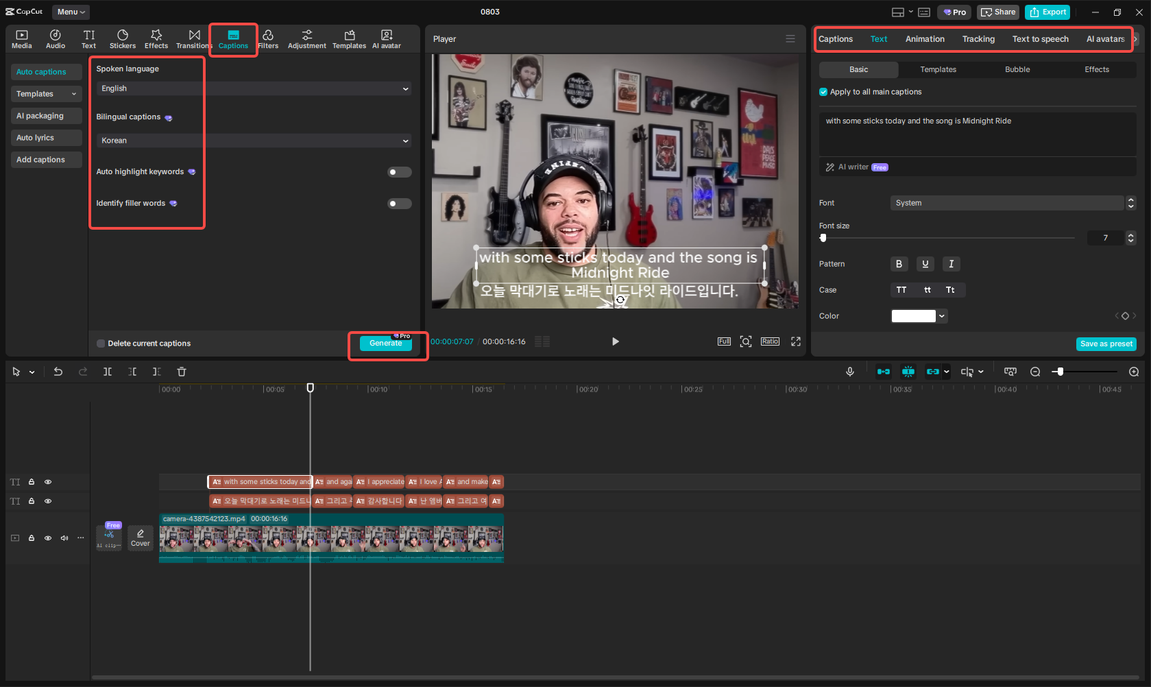 Translating English to Korean in CapCut