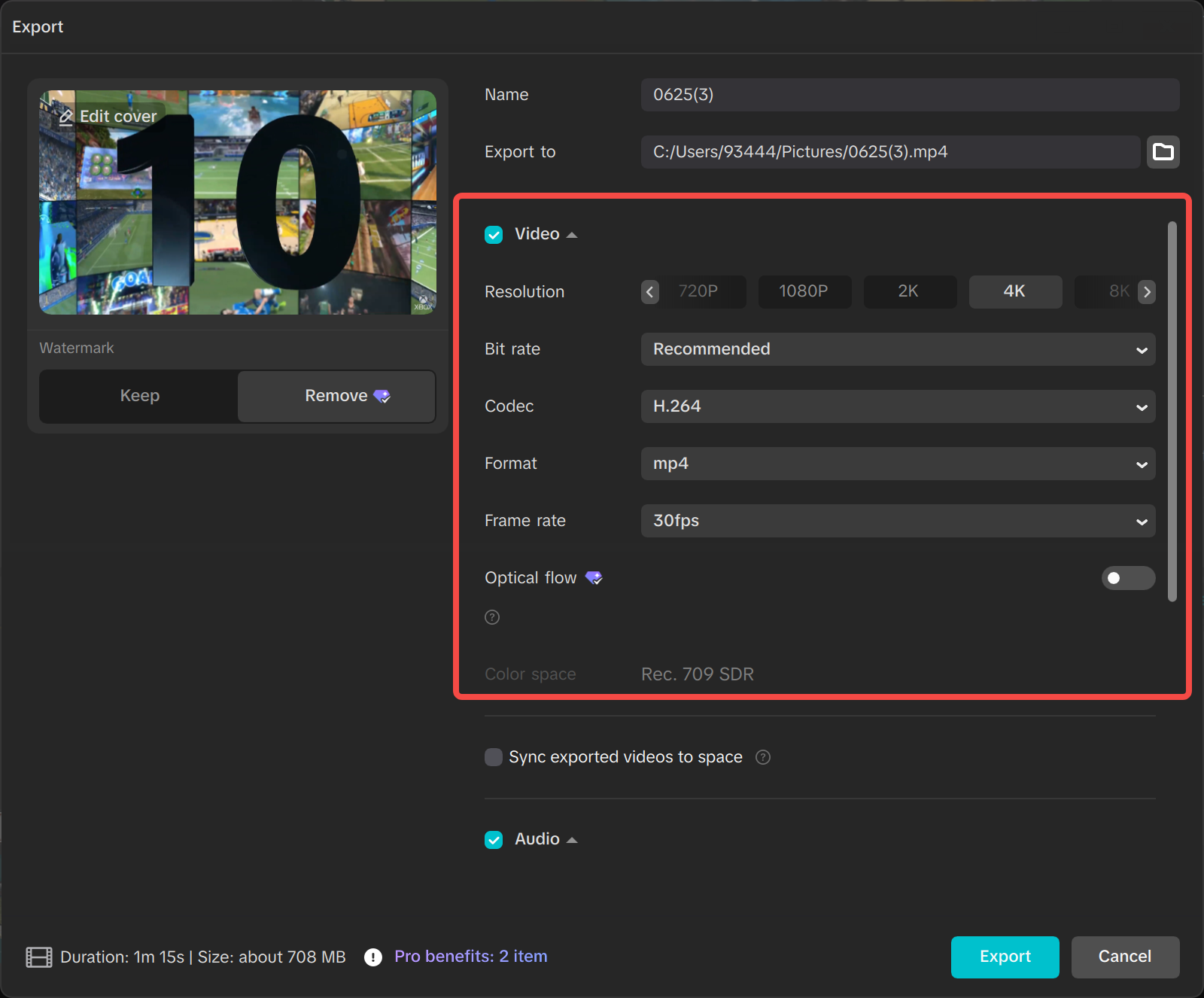 CapCut export settings window