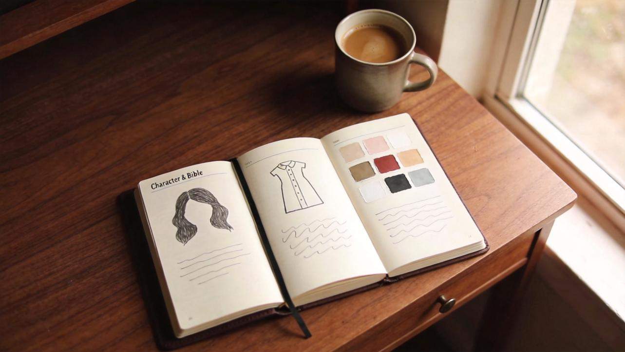 Open character bible notebook with hair sketch, dress drawing, and color swatches beside a mug