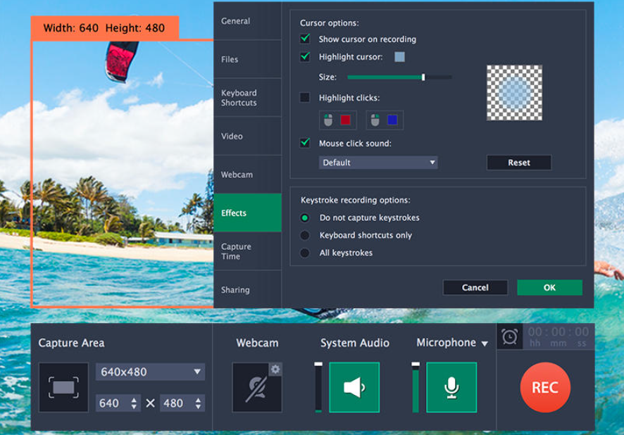 Ang interface ng Movavi Screen Recorder - isa sa mga pinakamahusay na gif recorder