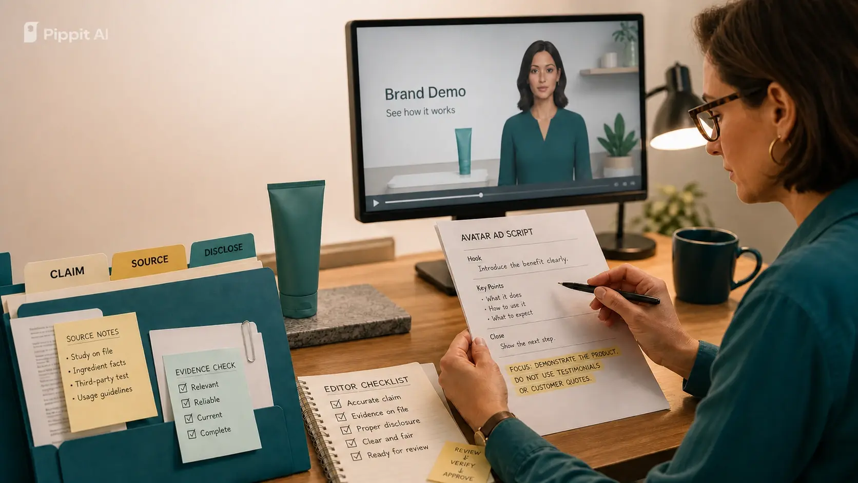 Woman reviews an avatar ad script beside source, evidence, and editor checklists