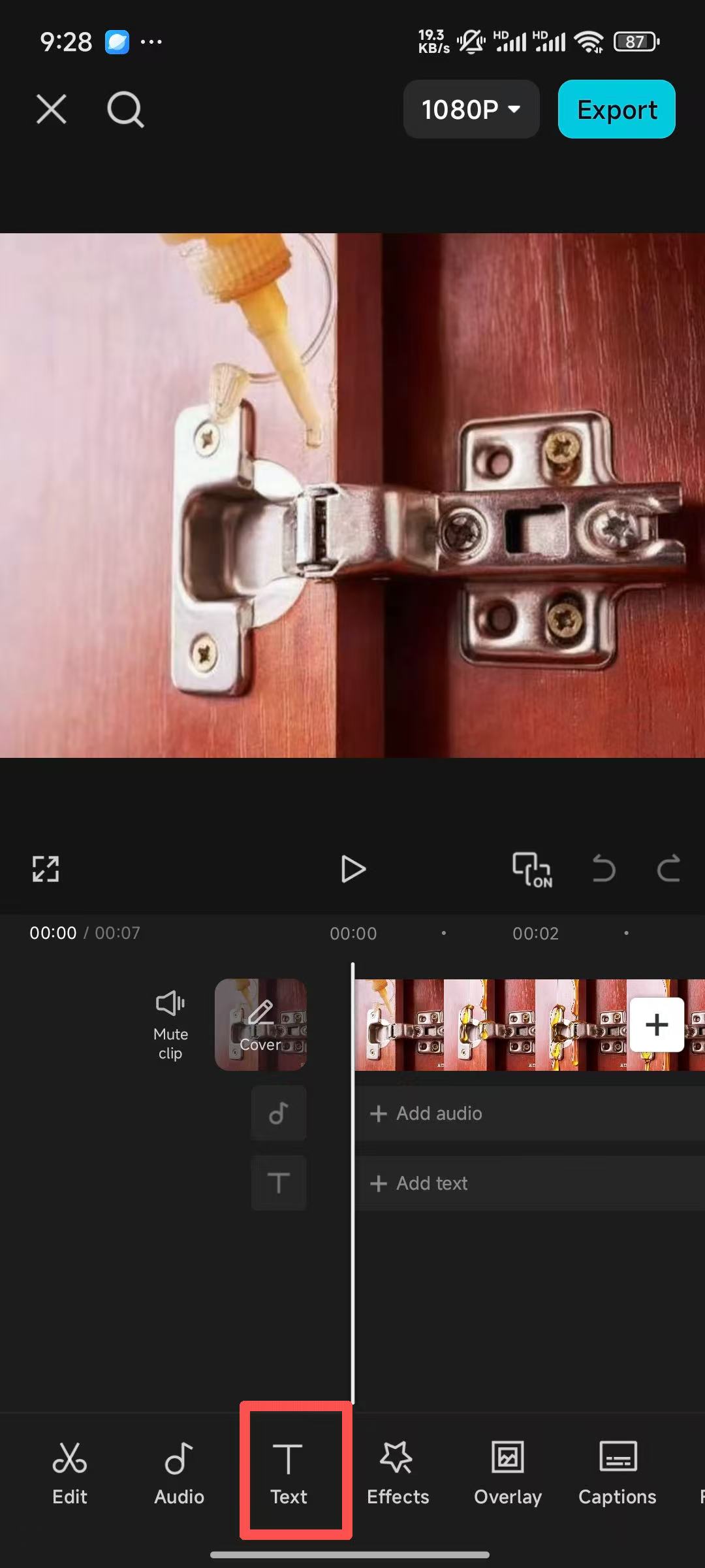 Tap "Text" at the bottom toolbar on Mobile App