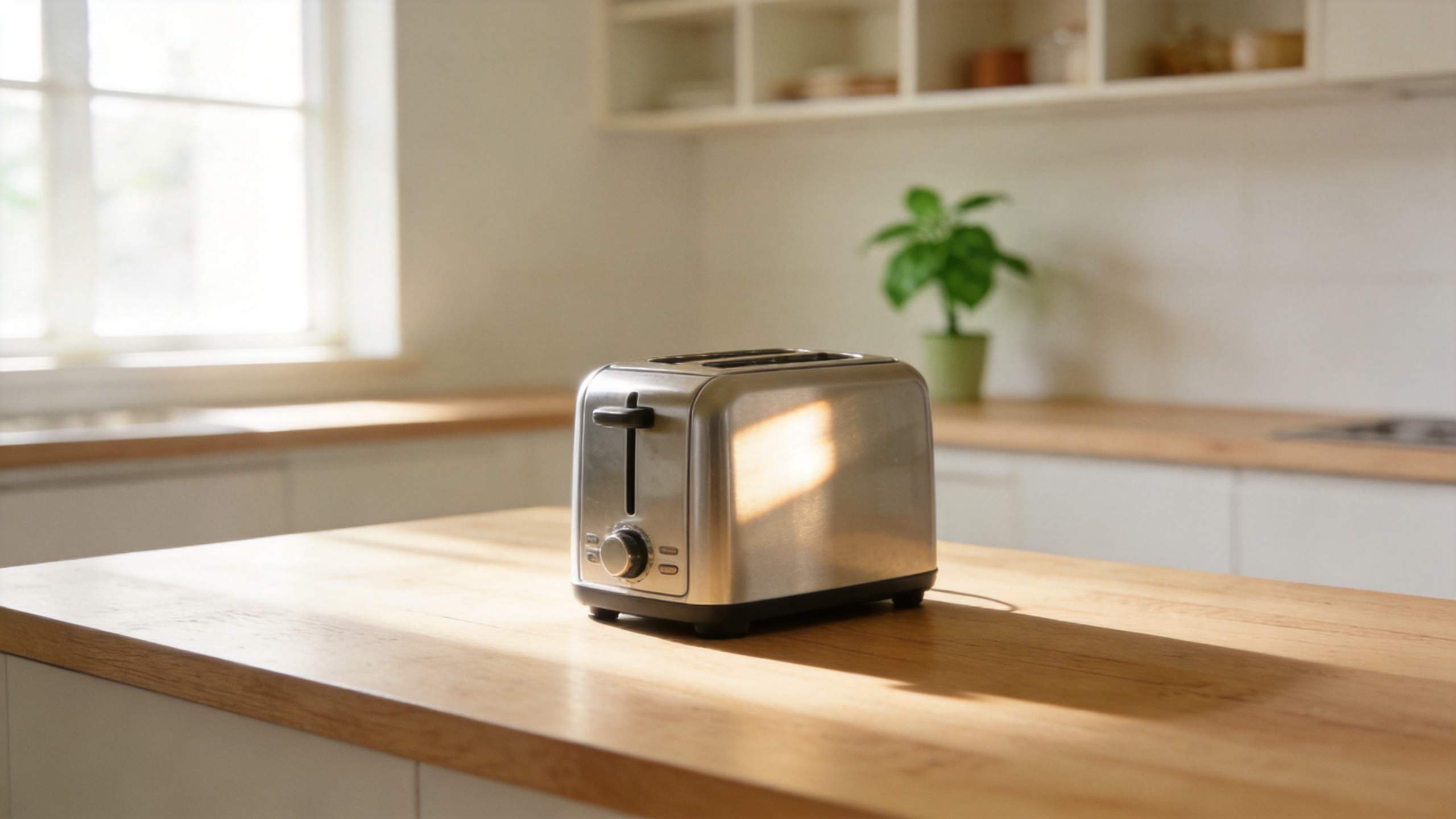 Stainless steel toaster on a sunlit kitchen counter