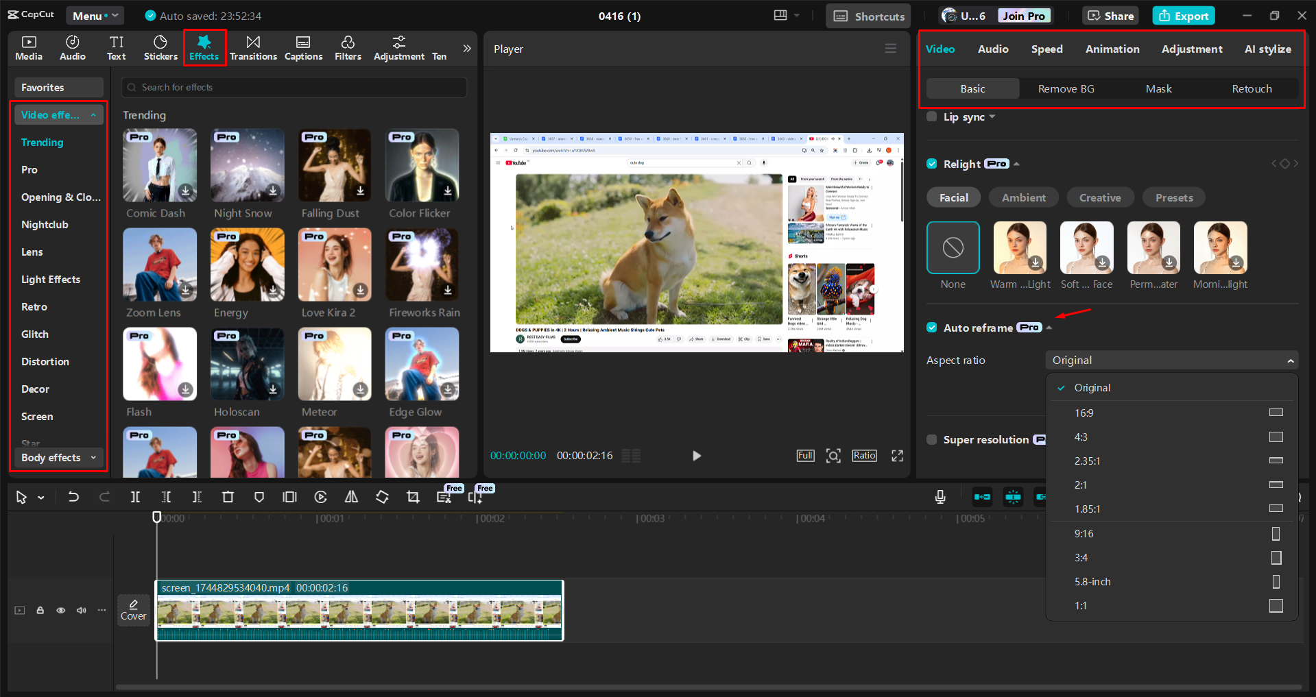 Verbesserung einer Bildschirmaufnahme im CapCut Desktop-Video-Editor