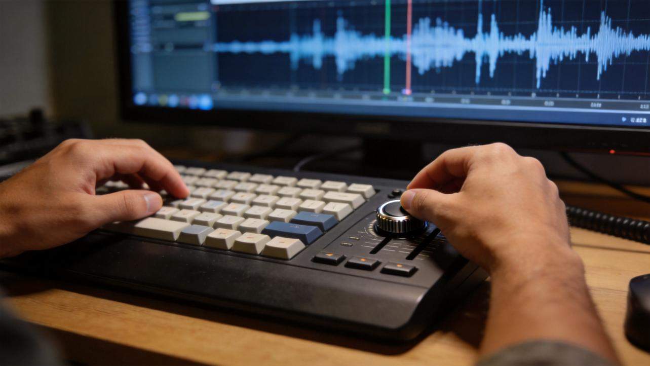 Hands using a keyboard and control dial while editing an audio waveform on a monitor