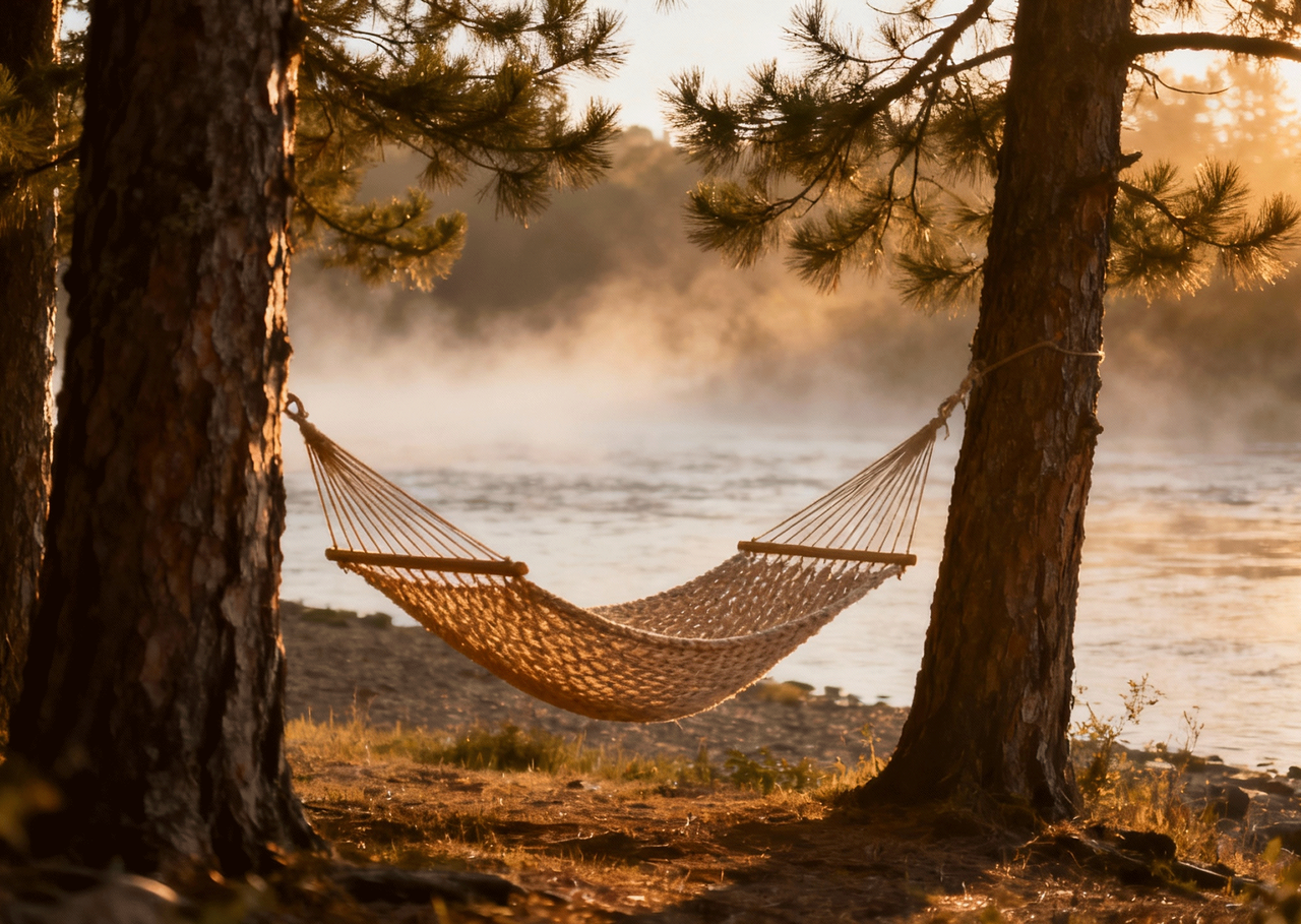 A peaceful riverside scene with a hammock hanging between two trees