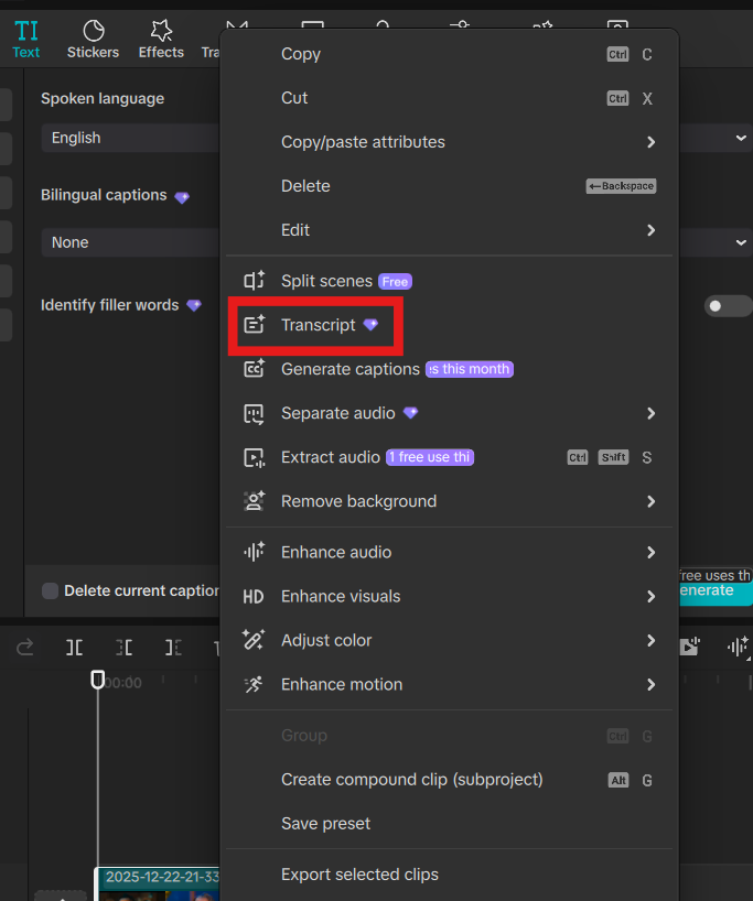 Right-click the track and click "Transcript"