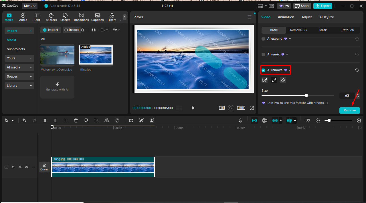 Using AI removal to remove watermarks in CapCut PC