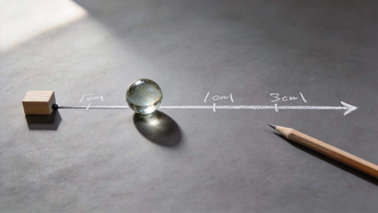 Glass marble on a chalk arrow line with wooden block and pencil nearby
