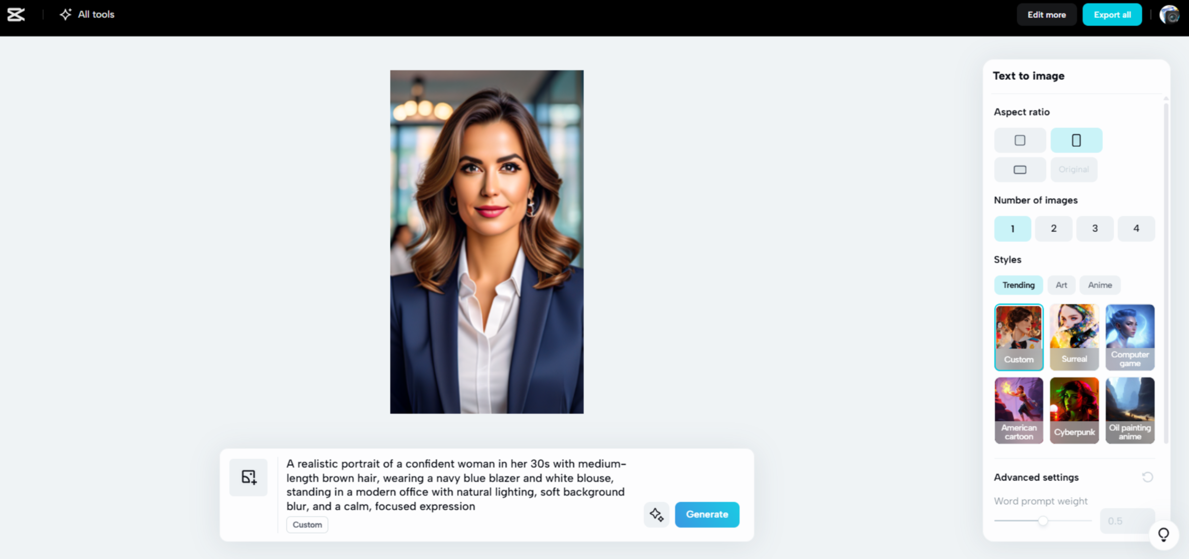 Interface of CapCut Web - the best realistic AI image generator