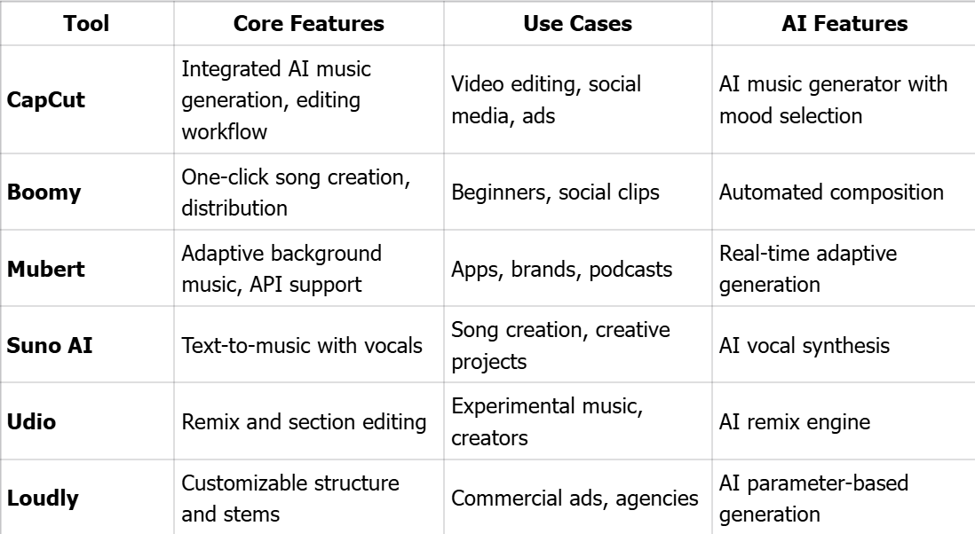AI Music Tools Comparison Table