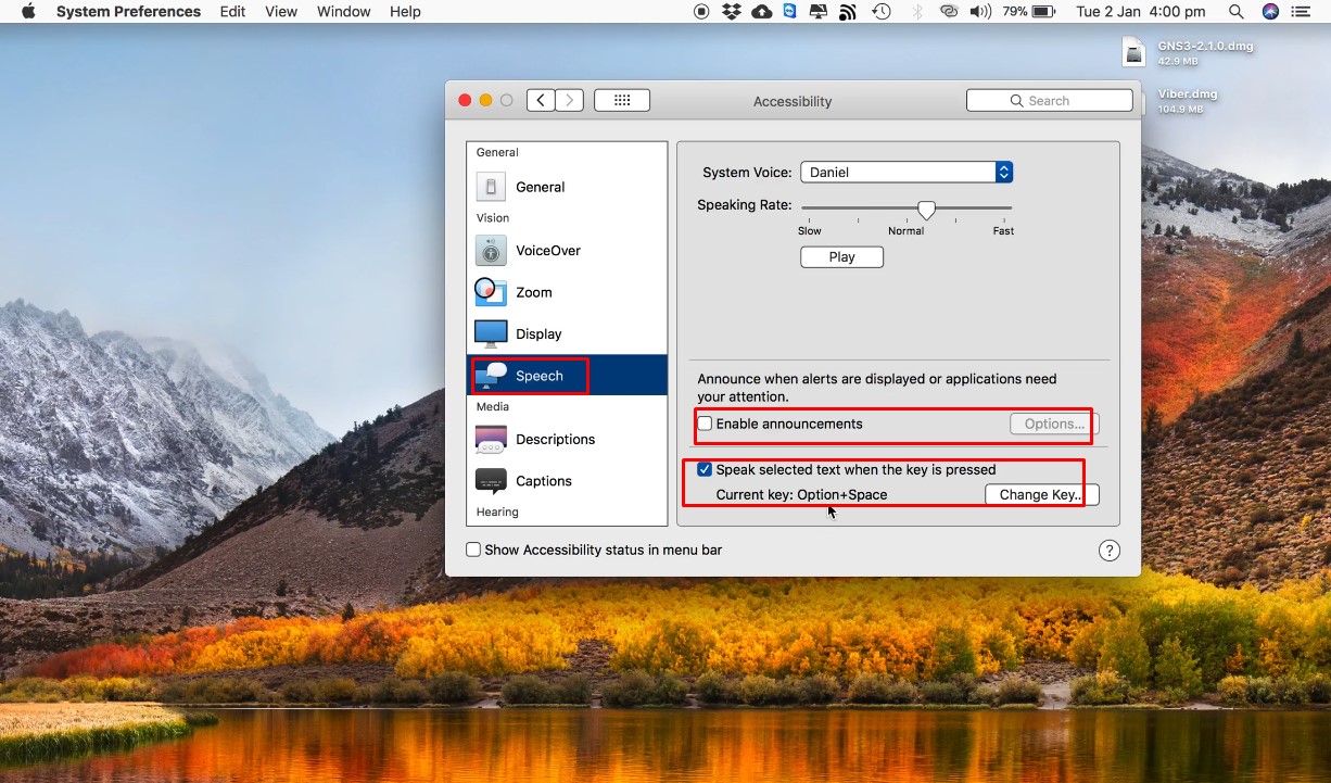 Habilitar el acceso directo de teclado para texto a voz en Mac