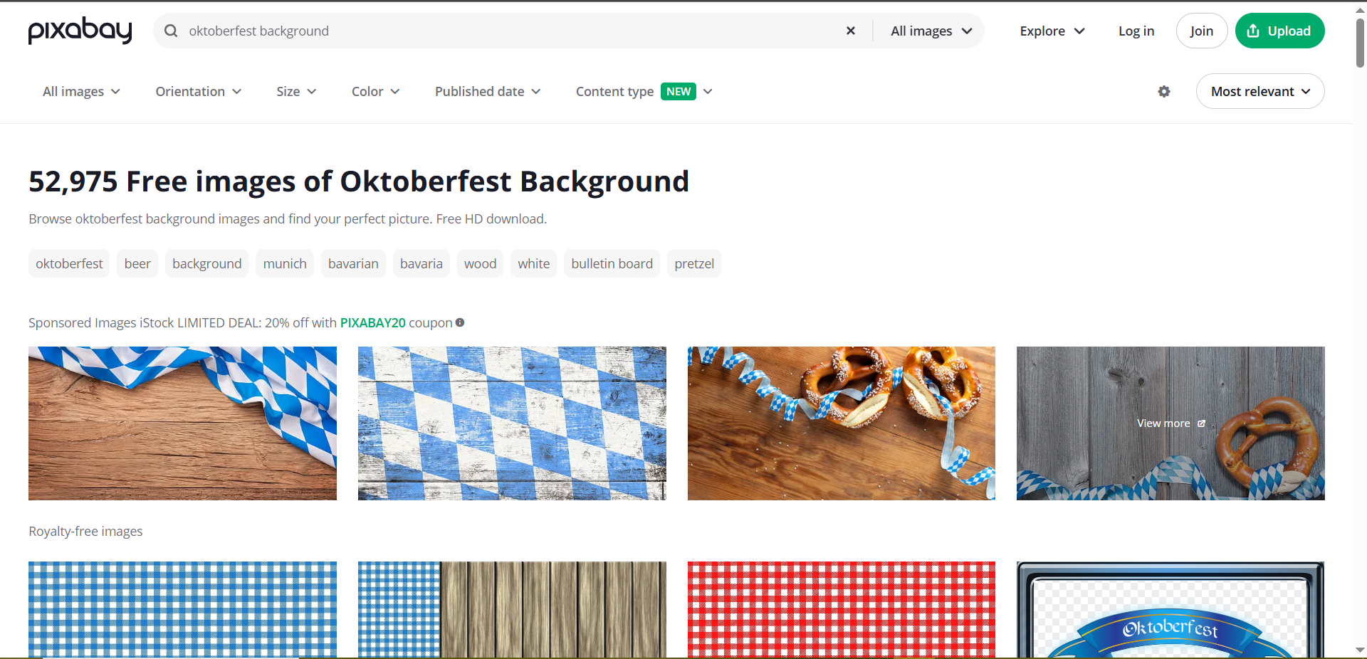 Screenshot showing interface of Pixabay having Oktoberfest background tempelates