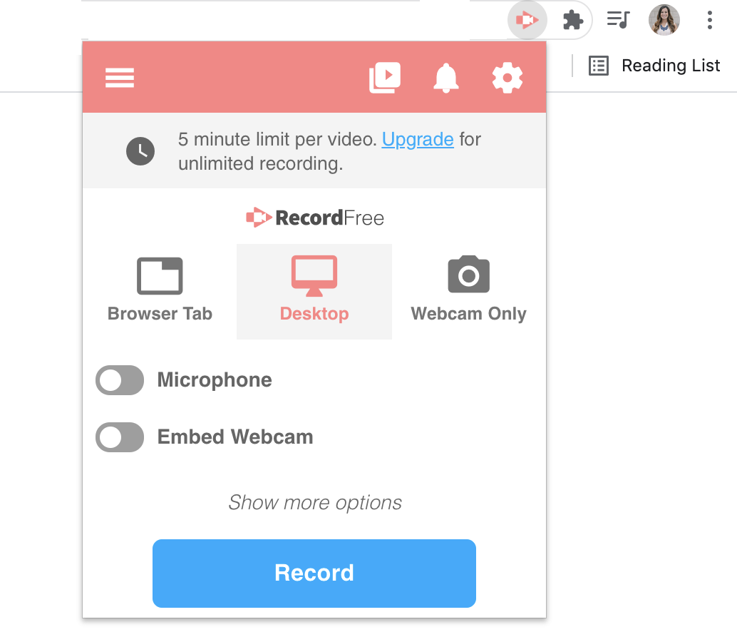 Antara muka Screencastify - perakam skrin terbaik yang merekodkan audio dalaman