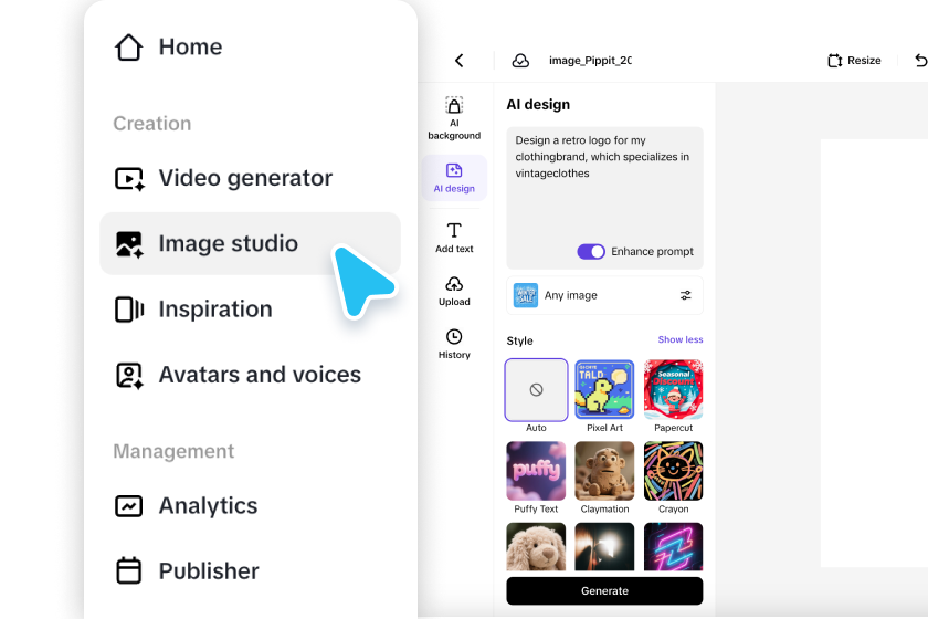 Access AI design to generate