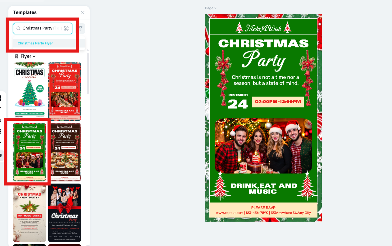 Searching for Christmas Party Flyer templates in CapCut editor